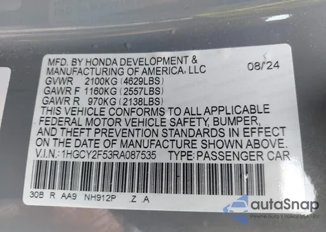 2024 Honda Accord Hybrid Sport из США, поврежденный, VIN 1HGCY2F53RA087535